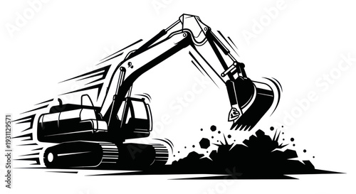 Excavator digging earth with speed lines, heavy machinery, construction, industrial vector.