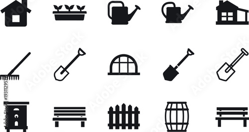 Set of Flat Vector Gardening and Agriculture Icons Featuring Houses Watering Cans Shovels Rakes Fences and Planters for Backyard Landscaping Horticultural Design and Farming