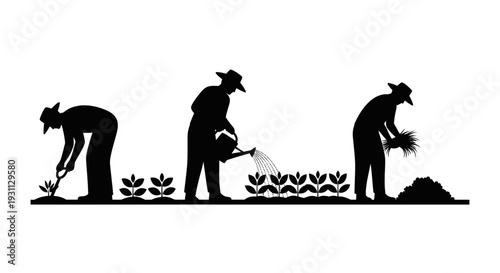 Farmers Working in Garden Silhouette: Planting, Watering, Harvesting