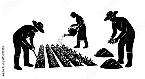 Farmers working in a field, silhouette illustration, agriculture concept