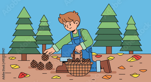 Man Gathering Mushrooms in Forest Clearing.