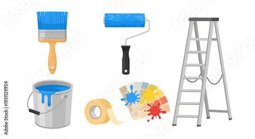 Home Renovation and Painting Tools Set Vector Illustration. Collection of Paint Brush, Roller, Bucket, Color Swatches, Masking Tape, and Ladder.