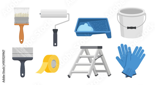 Comprehensive Home Painting and Renovation Tools Set: DIY Supplies, Equipment, and Safety Gear Vector Illustration