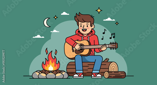 Man Playing Guitar by Campfire at Night 1.