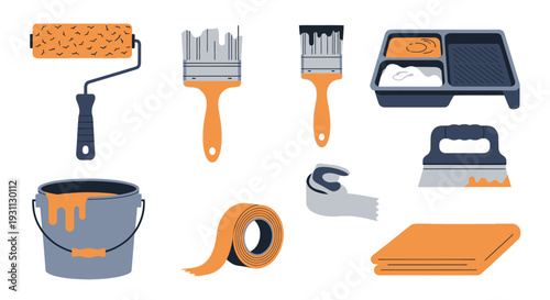 Flat Vector Illustration Set of Painting and Home Renovation Tools: Brushes, Roller, Paint Bucket, Tray, and Accessories for DIY Projects