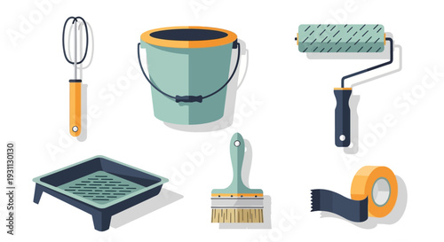 Flat Design Painting Tools Set: Paint Brush, Roller, Tray, Bucket, Tape. Essential Home Renovation & DIY Supplies Illustration