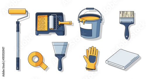 Home Painting and Renovation Tools Set Illustration. Essential DIY Supplies for House Decorating, Featuring Paint Roller, Brush, Bucket, and More.