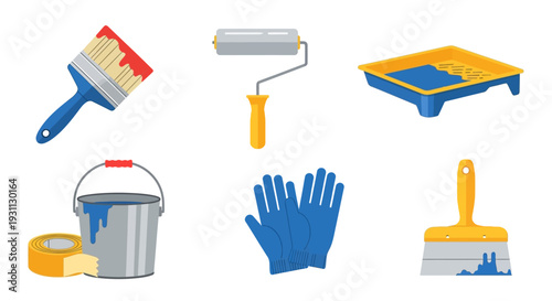Painting Tools and Supplies Vector Set. Essential Equipment for Home Renovation, DIY Projects, and Decorating. Paint Brush, Roller, Tray, Bucket, Gloves.