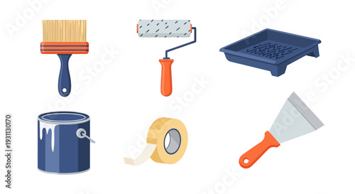 Essential Home Painting Tools Vector Set: Brush, Roller, Paint Can, Tray, Tape, and Putty Knife for DIY & Renovation Projects