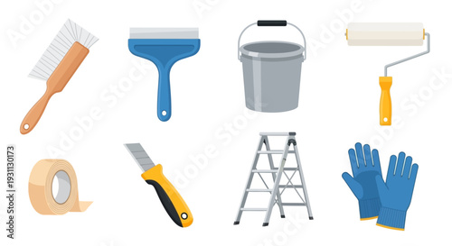 Home Renovation and DIY Tools Vector Set. Essential Painting & Remodeling Equipment: Roller, Brush, Ladder, Bucket, Tape, Knife, Gloves.