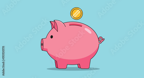 Pink Piggy Bank with Coin Falling Inside.