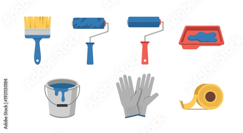 Essential Home Painting Tools & Supplies Flat Icon Set for DIY Renovation