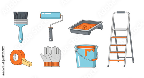 Home Renovation and Painting Tools Set. DIY Equipment for House Improvement Projects. Brush, Roller, Paint Bucket, Ladder, and Masking Tape Icons.