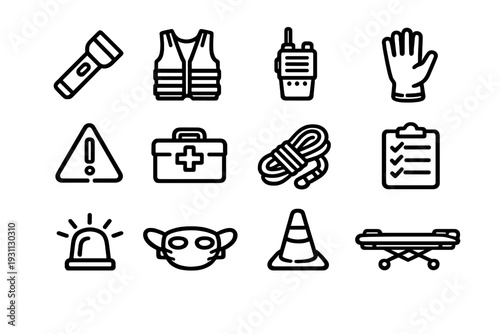 Emergency and safety equipment icons including first aid kit flashlight walkie talkie siren stretcher and protective gear