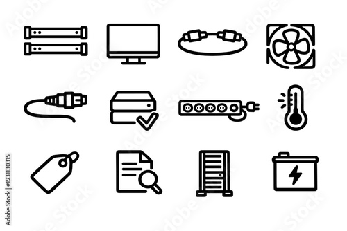 Data center and computer hardware line icon set featuring server racks monitor cooling fan power strip and battery symbols