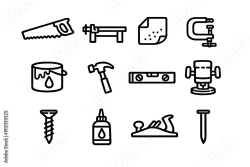 Carpentry and woodworking tool icons set including hand saw hammer spirit level and wood glue for construction and diy projects