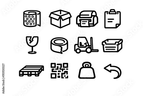 Logistics and shipping line icon set featuring cardboard box forklift pallet and warehouse equipment for delivery services and supply chain