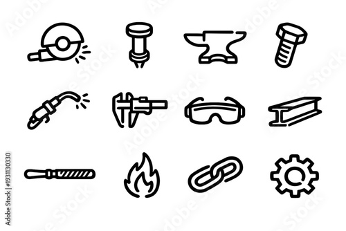 Metalworking and welding industrial tool icons set including anvil welding torch safety goggles gear and bolt for construction and