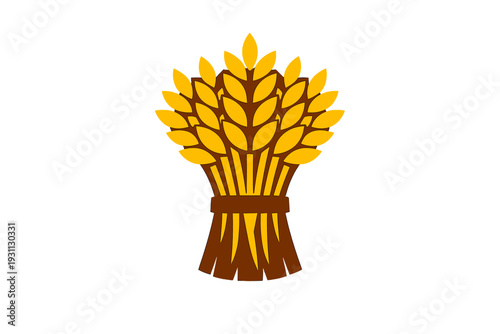 Stylized golden wheat sheaf tied with a brown band isolated on a white background for agricultural and harvest themes