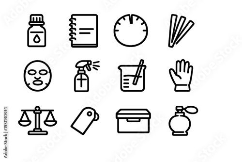 Set of skincare and cosmetic laboratory line icons including dropper bottle face mask spray bottle beaker scales and perfume bottle