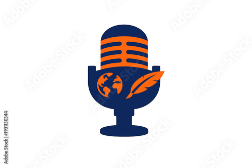 Stylized microphone icon with globe and feather symbols representing global journalism and storytelling for podcasting and broadcasting