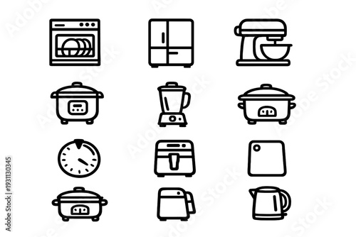 Collection of modern kitchen appliance line icons featuring refrigerator blender air fryer and electric kettle for home cooking