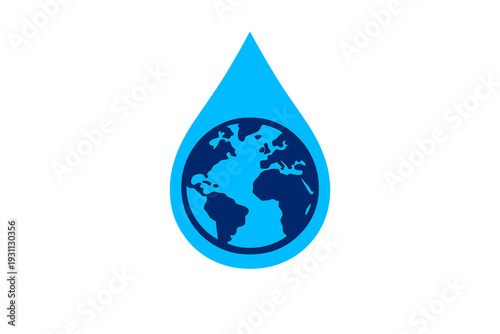 Blue water drop icon with earth globe inside representing global water conservation and environmental protection on white background