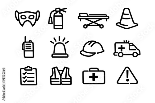 Emergency rescue and safety service icons featuring fire extinguisher ambulance first aid kit stretcher and hard hat on white background