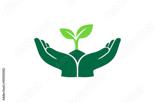 Green hands cupping a small growing plant sprout representing environmental protection and sustainable growth concept