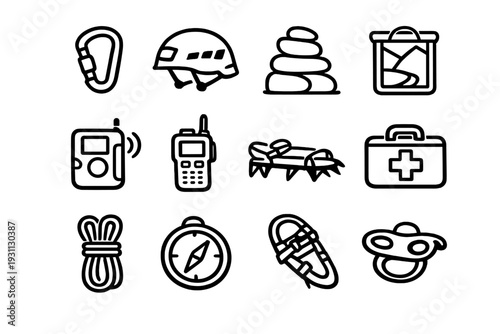 Mountaineering and rock climbing equipment icons set featuring carabiner helmet compass rope first aid kit and hiking gear