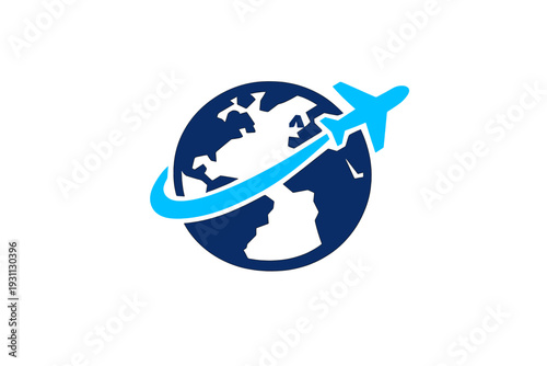 Global travel and aviation concept with airplane flying around the world globe icon on white background