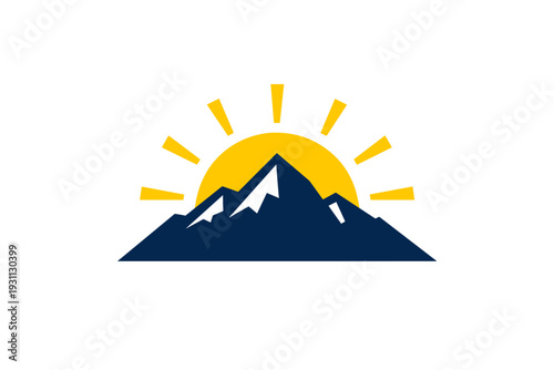 Dark blue mountain peaks with white snow caps and a large yellow sun rising behind them