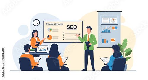 Business people attending a training seminar on SEO strategy.