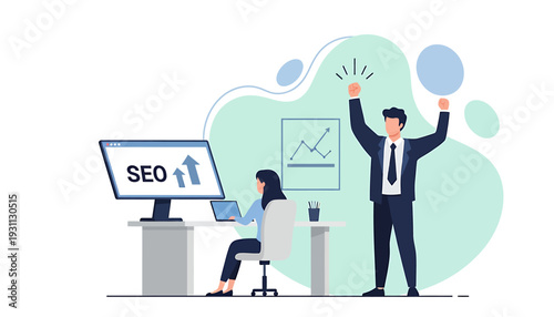 Business people celebrating successful SEO strategy and growth.