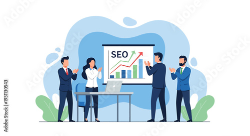 Business team celebrates successful SEO strategy growth chart.