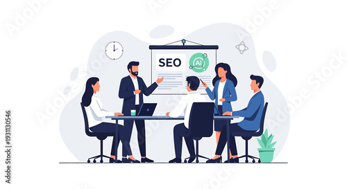 Business team collaborates on SEO strategy presentation in meeting room.