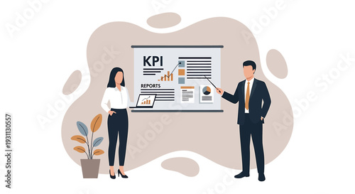 Business professionals presenting key performance indicators on a screen.