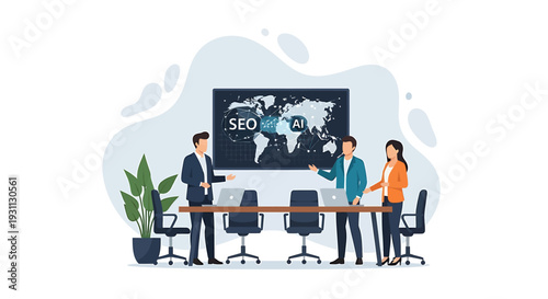 Business team discussing global strategy on world map screen.