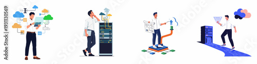 IT professionals managing cloud computing, data servers, and digital infrastructure for modern business solutions and network optimization.