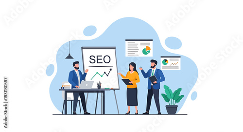 Business team presenting SEO strategy on whiteboard with charts.