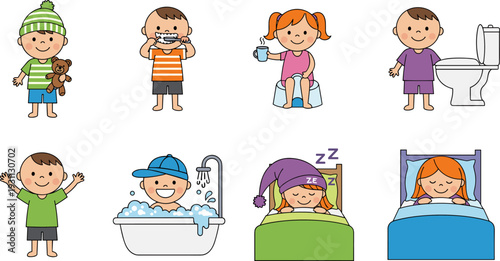 Morning, Daytime, and Nighttime Activities Including Potty Training, Brushing Teeth, Bath Time, and Sleeping