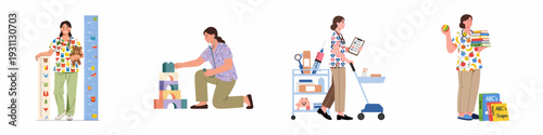 Dedicated Pediatric Doctor Illustrations: Measuring Growth, Playing with Toys, Delivering Medical Supplies, and Promoting Early Childhood Education