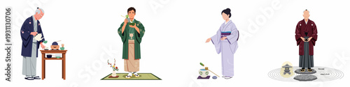 Traditional Japanese Culture Illustrations: Tea Ceremony Rituals with People in Kimonos and a Serene Zen Garden Scene with Stone Lantern.