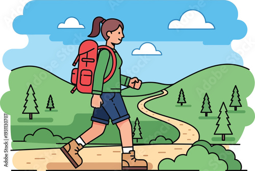 Woman Hiking with Backpack on Trail.