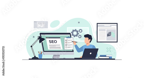 Man working on computer optimizing website for search engine optimization.