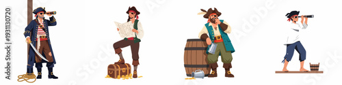 Diverse Pirate Characters Set: Adventurous Male and Female Pirates with Telescopes, Treasure Maps, Chests, and Barrels, Embarking on a Swashbuckling Journey
