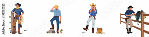 Illustrations of cowboys in various western scenes, depicting ranch life, traditional attire, and activities such as roping, music, and daily work.