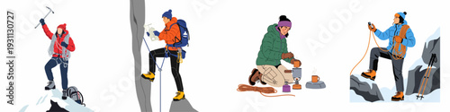 Illustrative Collection of Mountain Adventures: From Summiting Peaks to Rock Climbing and Camp Cooking