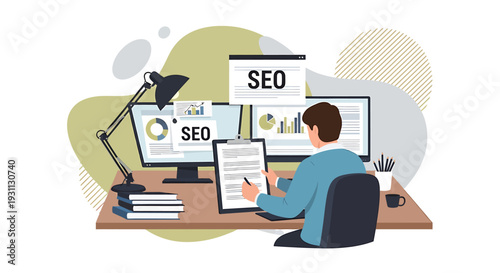 Man working on SEO strategy at desk with computers and lamp.