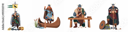 Viking lifestyle illustration set featuring warriors with banner and axe, a fisherman in a boat, and a craftsman carving wood.